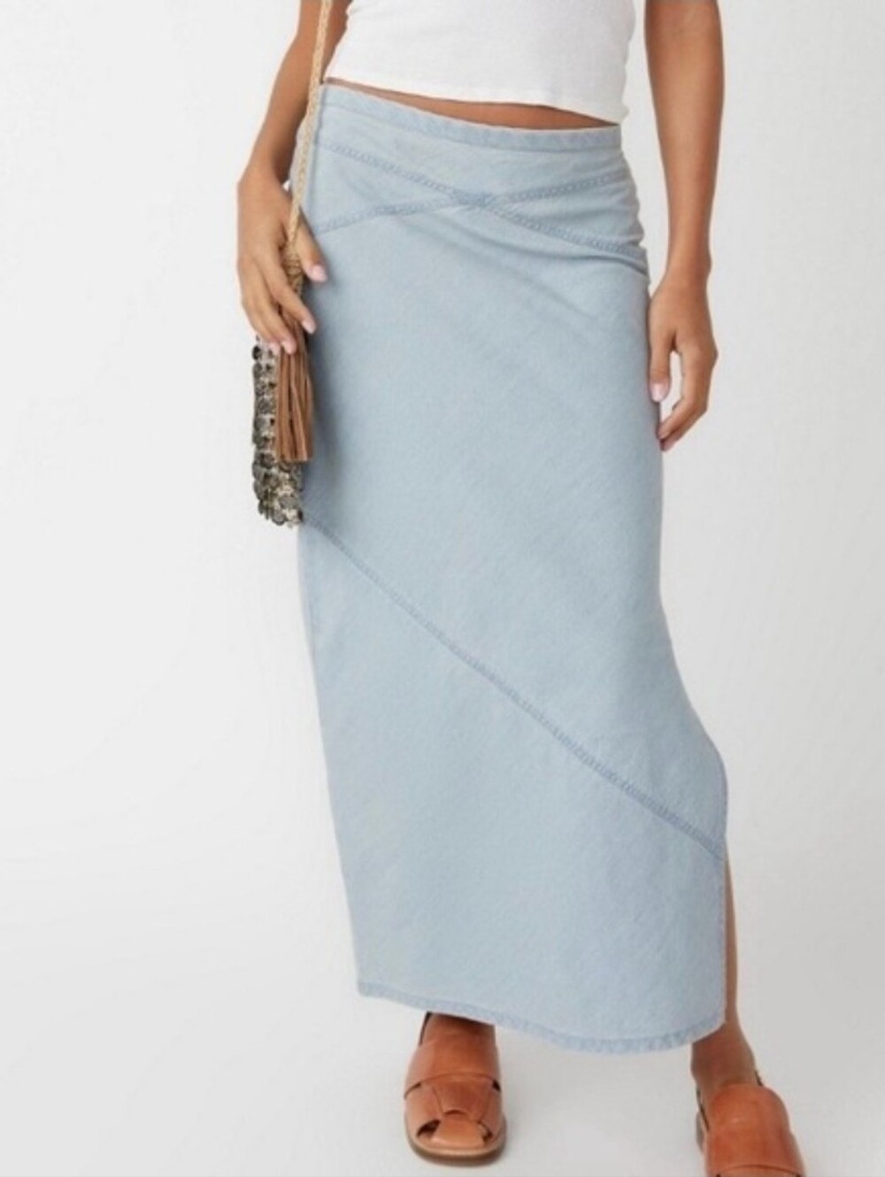 FREE PEOPLE Muse Moment Mid Rise Slip Skirt In Light Wash Asymmetrical Sz 14